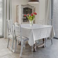 Tulips on the table in retro dining room