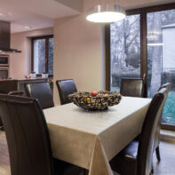 View of elegant dining room and new open kitchen